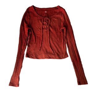 SO Top Sz M Blouse Burnt Orange Long Sleeve Tie Front Criss Cross Teen Crop Work